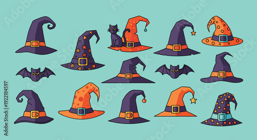 Whimsical collection of witch hats in various colors and patterns is accompanied by black bats and a curious black cat character.