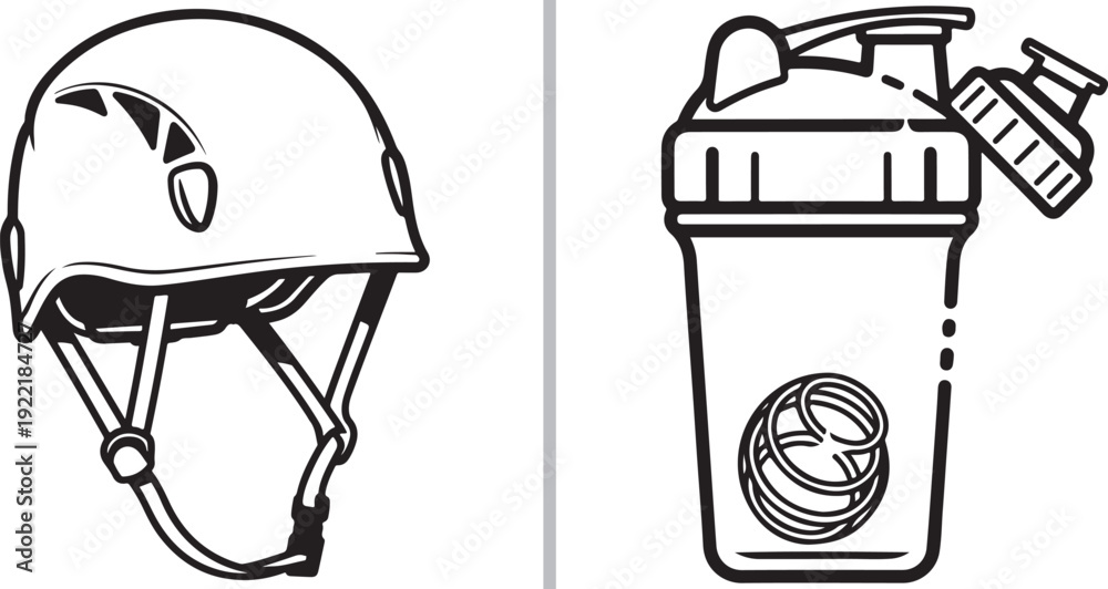 Fototapeta premium A sports vector set featuring a bold black outline of a climbing or cycling helmet and a protein shaker bottle with a mixing ball. Ideal for fitness, safety, and outdoor adventure themes.