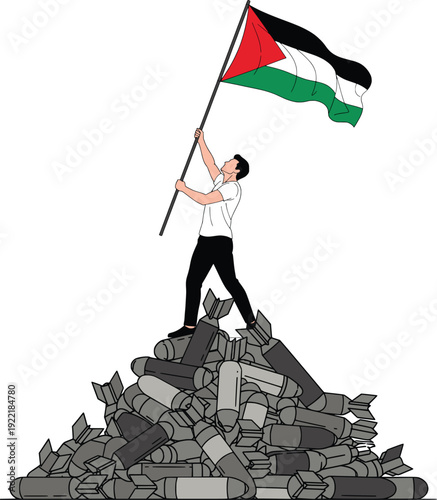 Man Holding Palestinian Flag on Pile of Rubble