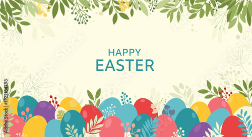 Decorative Easter background with a border of colorful patterned eggs at the bottom and green leaves at the top for greeting messages.