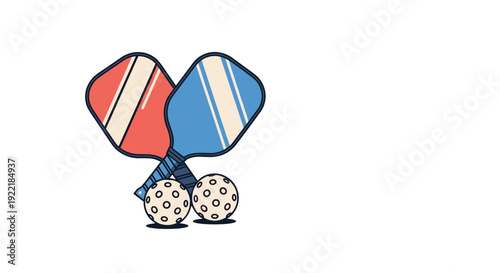 Two pickleball paddles, one red and one blue, crossed behind two white pickleballs with holes on a plain white background.