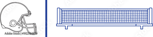 A sports-themed vector set featuring a black outline of an American football helmet and a blue grid-style volleyball or tennis net, perfect for athletic design projects.