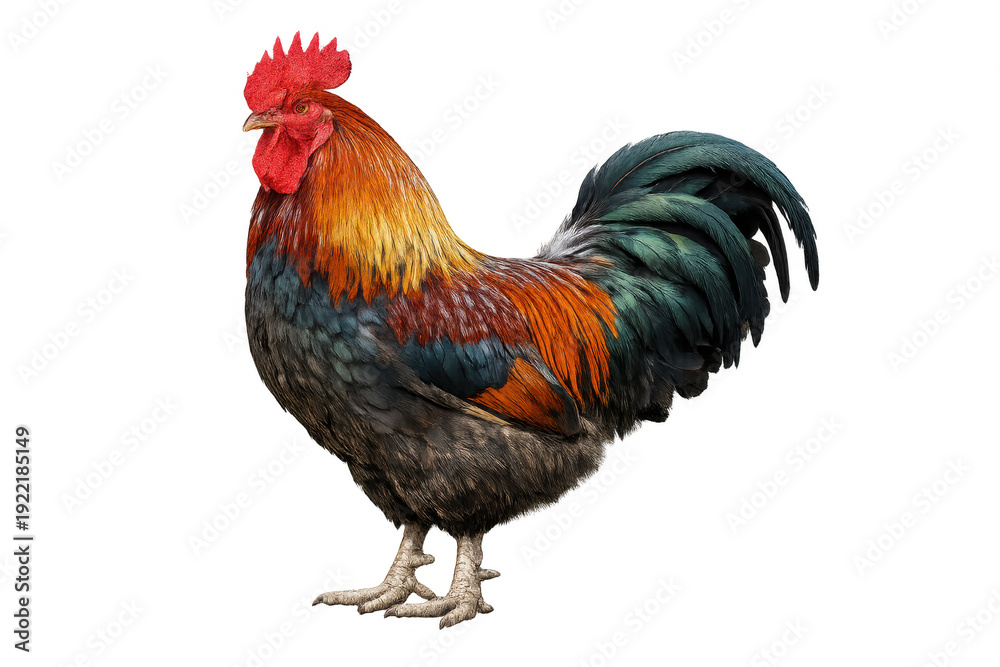 Fototapeta premium Rooster standing on transparent background with colorful feathers