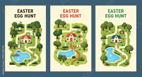 Set of three illustrated Easter egg hunt maps for children with houses, ponds, trees, bunnies, and hidden colorful eggs in a landscape.