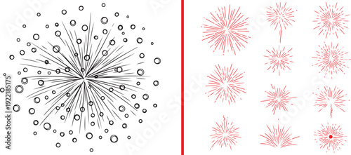 A versatile vector set of festive bursts. Includes a large black-and-white radial explosion with bubbles and a collection of twelve red hand-drawn firework and sparkler icons.