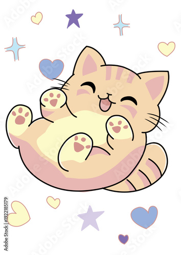 Cute kawaii ginger cat illustration lying on its back with hearts and stars. Adorable kitten character design in pastel colors for stickers, nursery decor, and kids greeting cards.