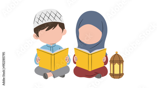 Muslim children reading the holy quran together in ramadan