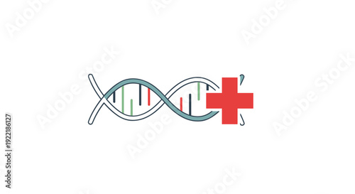 A stylized illustration features a DNA double helix structure positioned alongside a bold red medical cross symbol on a white background, Generative AI.