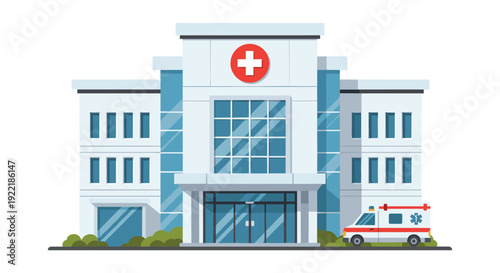 A modern hospital building features multiple floors large windows a red cross symbol and an ambulance parked at the entrance, Generative AI.