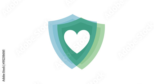 Overlapping translucent blue and green shield icons are depicted with a clean white heart shape in the center symbolizing health protection, Generative AI.
