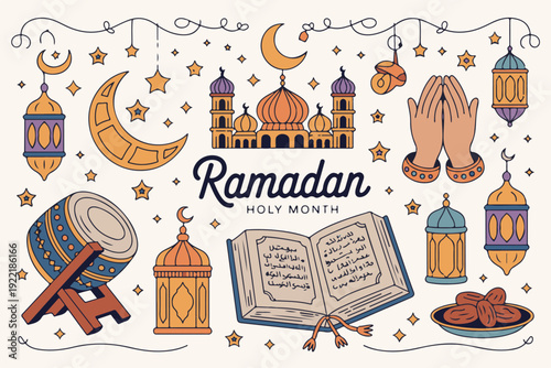 Ramadan holy month illustrations, crescent moon, mosque, Islamic lanterns, prayer hands, dates, Quran, drum, star, garland, festive decorations