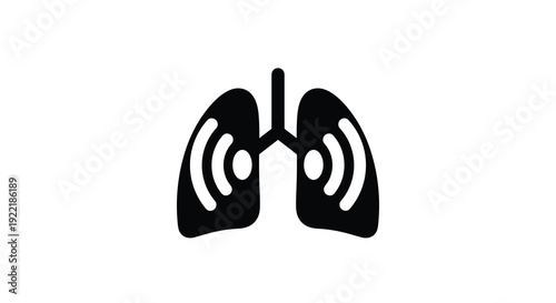 A black icon depicts human lungs with internal wave signals symbolizing respiratory health and wireless medical monitoring on a white backdrop, Generative AI.