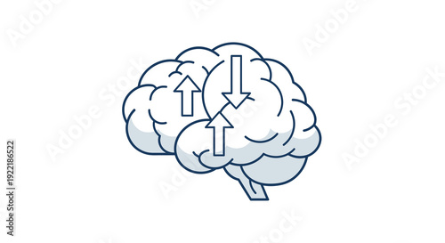 A clean line drawing of a human brain with multiple up and down arrows inside representing brain activity and information flow, Generative AI.