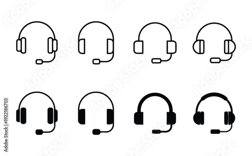 Headset icons with microphone in different styles for support and communication