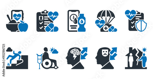 Health and wellness icons depicting healthy lifestyle, fitness, and medical care