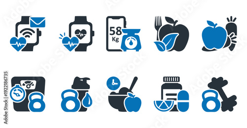 Health and fitness icons showing smart watch, scale, healthy food, and exercise equipment on a white background