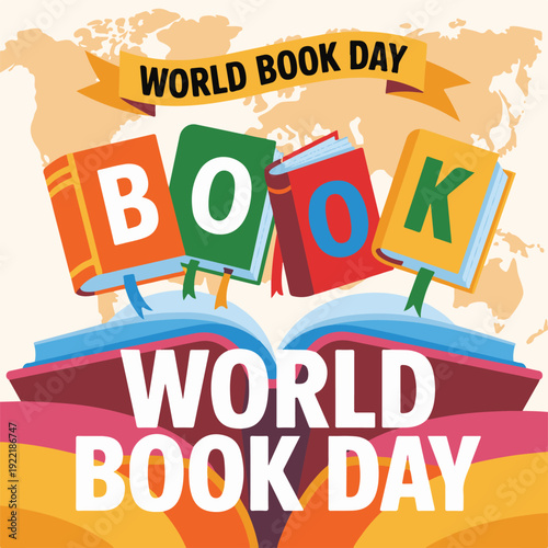 World book day, four colorful books spelling 'book', open books, world map background
