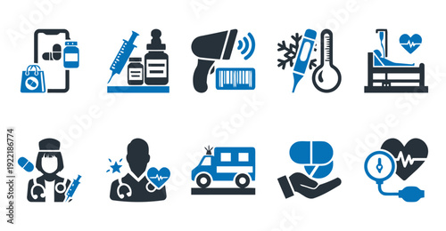 Healthcare and medical service icons collection with doctor and patient care