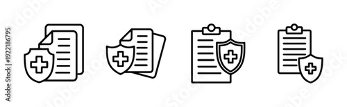 Healthcare insurance icons set vector medical protection documents shield with plus sign and clipboard.