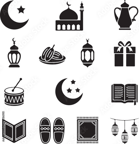 Islamic cultural icons and symbols for Ramadan and Eid celebration elements like mosque moon lantern gift drum teapot.