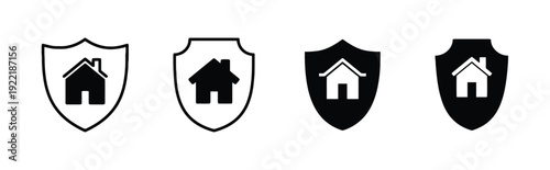 House inside shield icons, outline and filled, signifying home security and real estate