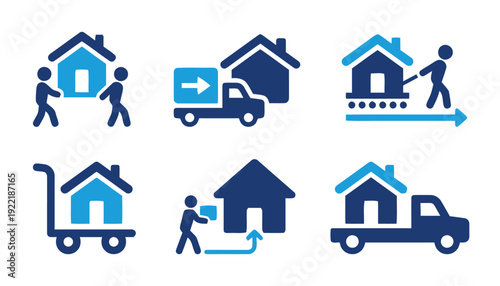 House moving service icons, relocation and property transport illustrations with people and truck