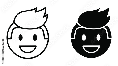 Happy Face Icon with Spiky Hair, Outline and Silhouette