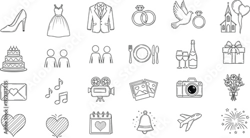 Wedding and celebration line icon set featuring bridal dress groom suit rings church cake photography music champagne and honeymoon travel elements.