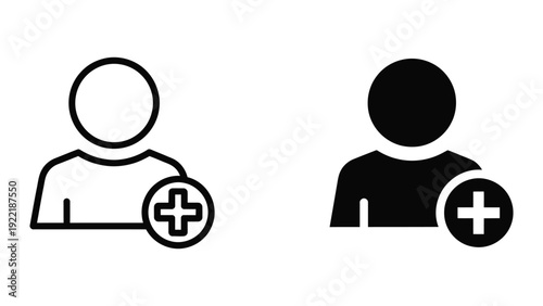 Add User Icon Set: Outline and Solid Black for New Profile or Contact Creation