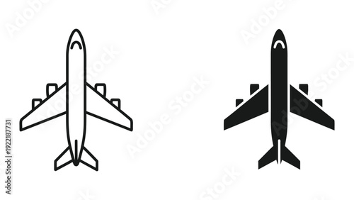 Airplane Flight Icon Set in Outline and Solid Black Style