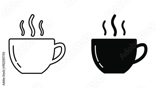 Steaming Cup Icons: Outline and Solid Black for Hot Beverages
