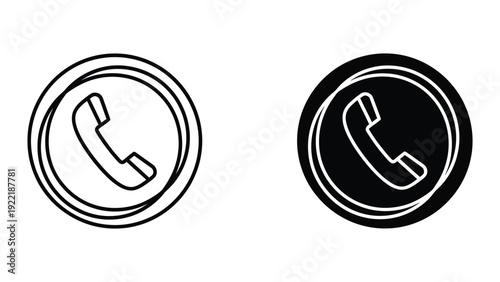 Double Circle Phone Icon Set - Black and White Outline & Solid Call Symbol