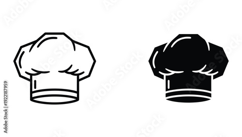 Chef's Hat Icons: Classic Toque Blanche in Outline and Solid Black