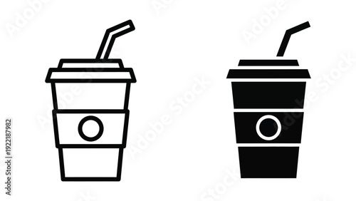 Modern Icon Set: Black and White Takeaway Coffee Cup with Straw