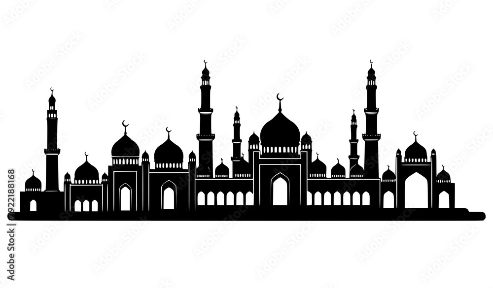 Fototapeta premium Panoramic Mosque Silhouettes Vector Illustration with Domes and Minarets