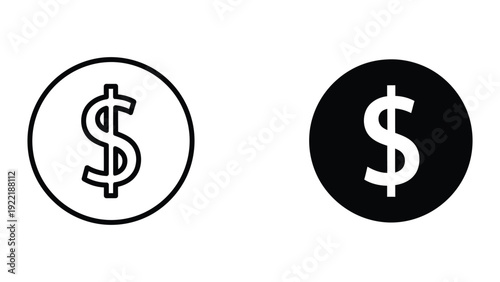 Dollar Currency Coin Symbols in Circle Outline and Solid
