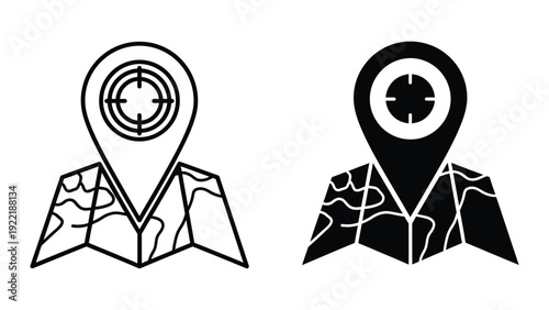 Map Location Target Icon: Outline and Solid Black