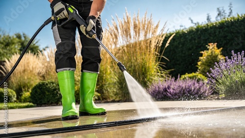 Outdoor cleaning of concrete patio using a pressure washer spray. Home maintenance, professional cleaning service, spring cleanup and household improvement concept.
