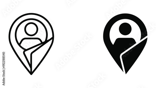 Location pin icon with person symbol in outline and solid black, for navigation and contacts.