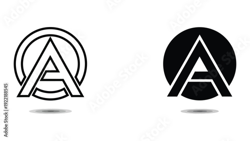 Letter A logo design in outline and solid black, with circular elements and shadows.