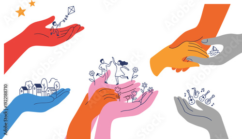 Helping hands collection vector illustration, support care charity community teamwork protection isolated concept bundle design