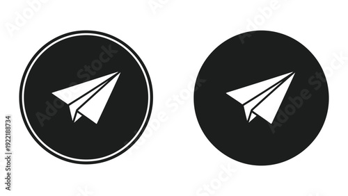 Paper Airplane Logo Icons: Black Circle with Outline and Solid Icon