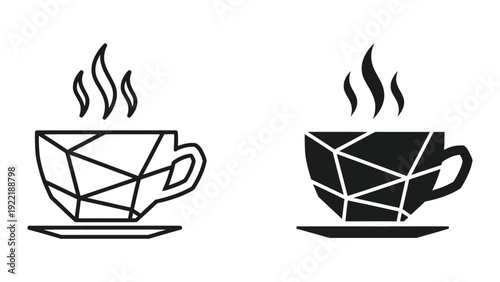 Geometric Coffee Cup Icons: Modern Outline and Solid Black Styles
