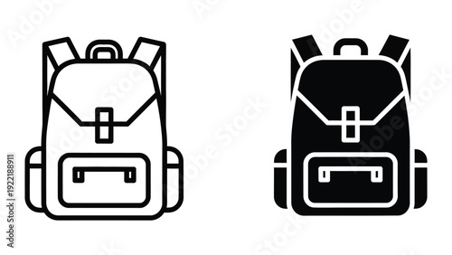 Travel Backpack Icon Set - Outline and Solid Black Glyph for School, Adventure, and Journey