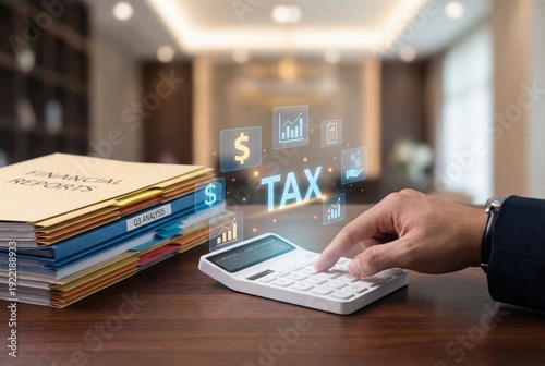 Businessman hand using calculator next to financial records and holographic tax graphic