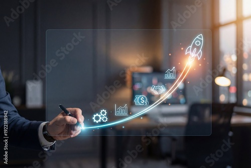 Businessman hand drawing rocket path on holographic interface
