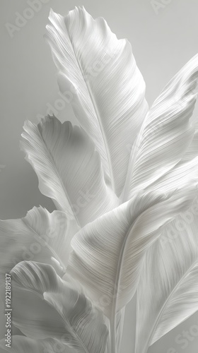 Elegant close-up of flowing white leaves with detailed textures, light gradients