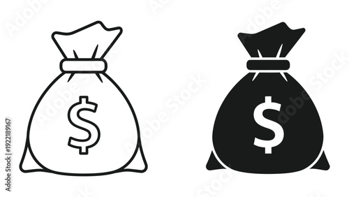 Money Bag and Wealth Icons Featuring Dollar Sign in Outline and Solid Versions