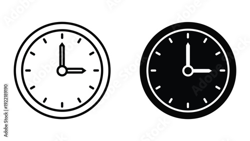 Modern Analog Clock Icons with Outline and Filled Designs