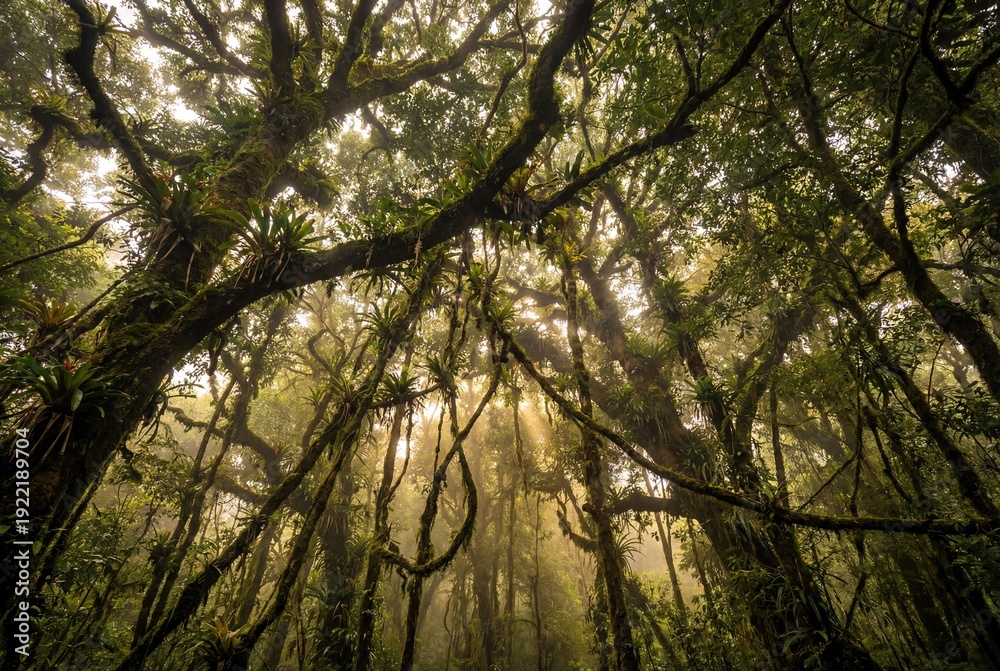 Naklejka premium Looking up into dense rainforest canopy and branches